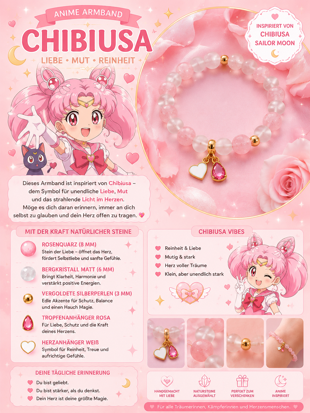 Inspiriert von Sailor Moon - "Chibiusa" - Rosenquarz & Bergkristall-Armband mit 1 Herz-und 1 Tropfenanhänger