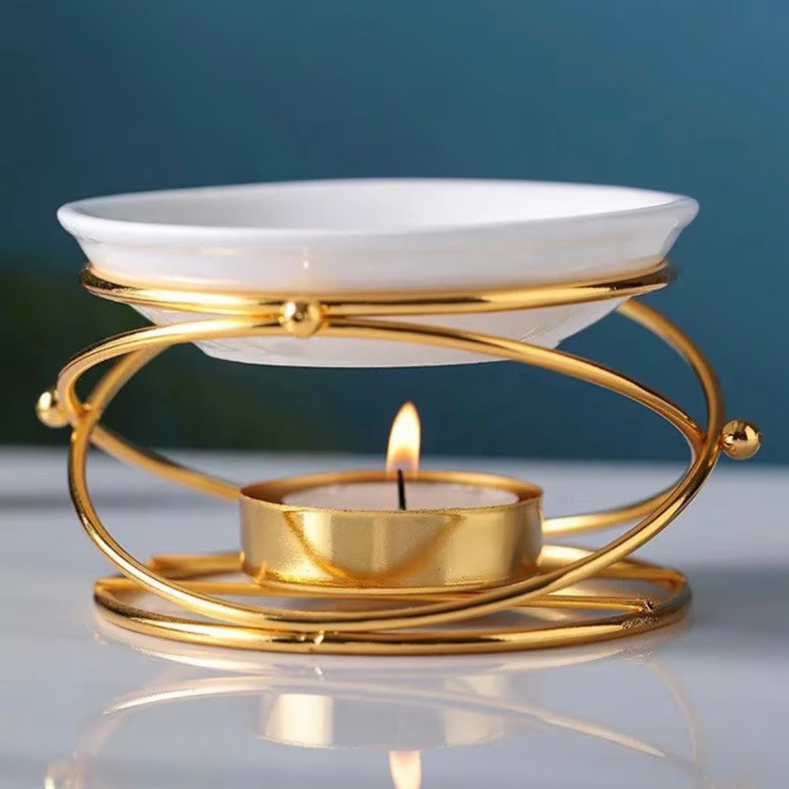 Duftlampe / Wachsschmelzer "Gold" mit Keramikschale