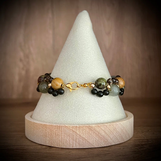 Kraft Lawrence | Spice & Wolf inspiriertes Edelsteinarmband – Labradorit, Naturjaspis & Drachenblutstein