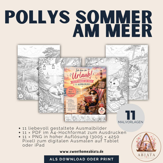 Pollys Sommer am Meer – Komplettset (11 Ausmalbilder) - Ausmalbild (A4) - digitaler Download als PDF und PNG