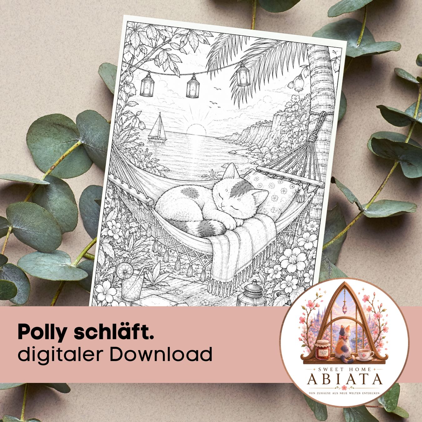 Polly schläft in der Hängematte - Ausmalbild (A4) - digitaler Download als PDF und PNG