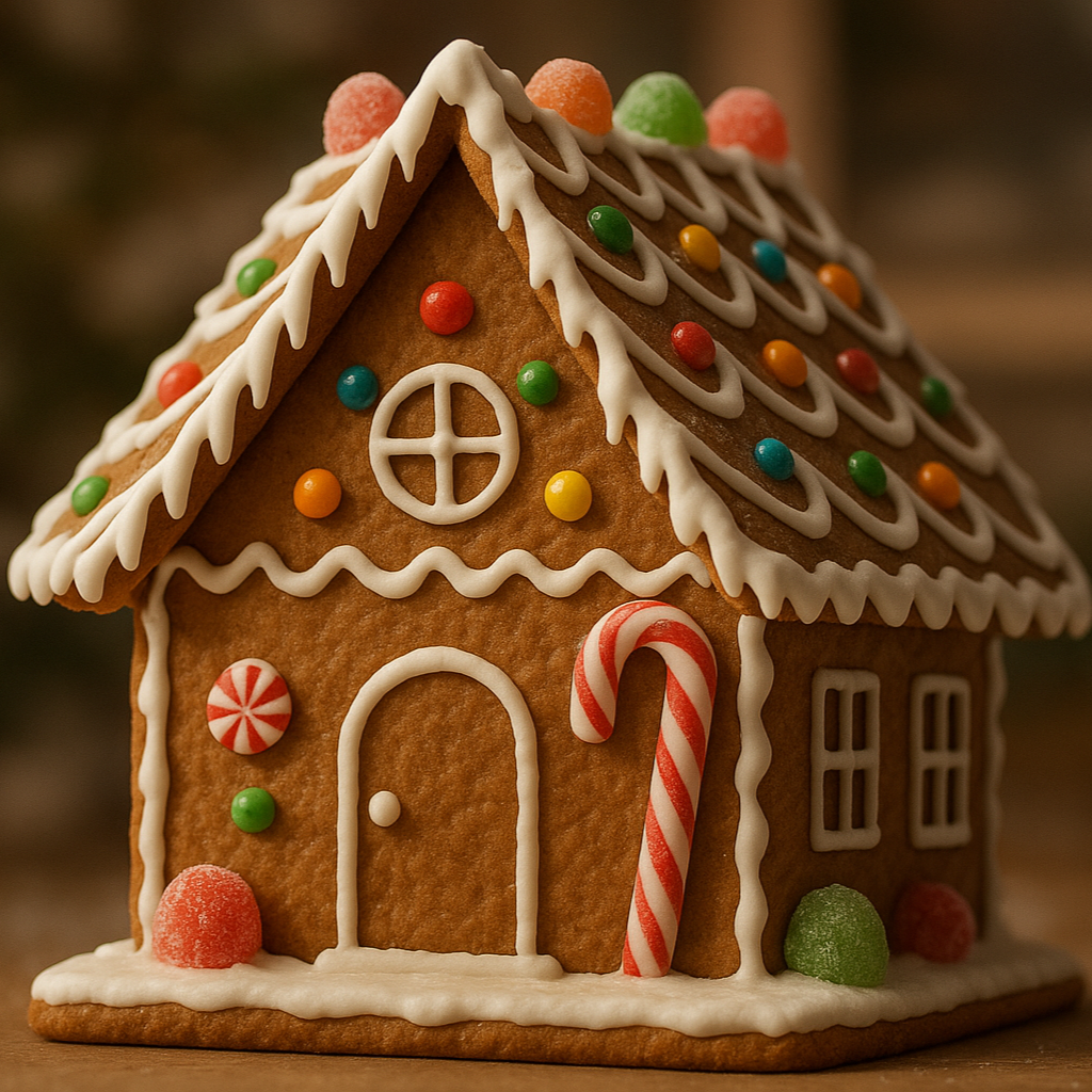 erstelle ein realistisches bild mit einem kleinen lebkuchenhaus, das dach läuft spitz aufeinander zu.