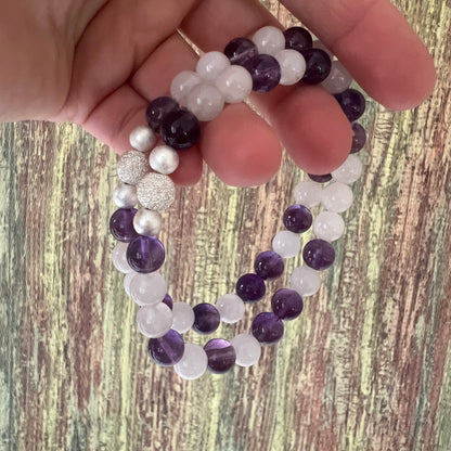 Mondstein & Amethyst mit diamantierter Silberperle - Armband