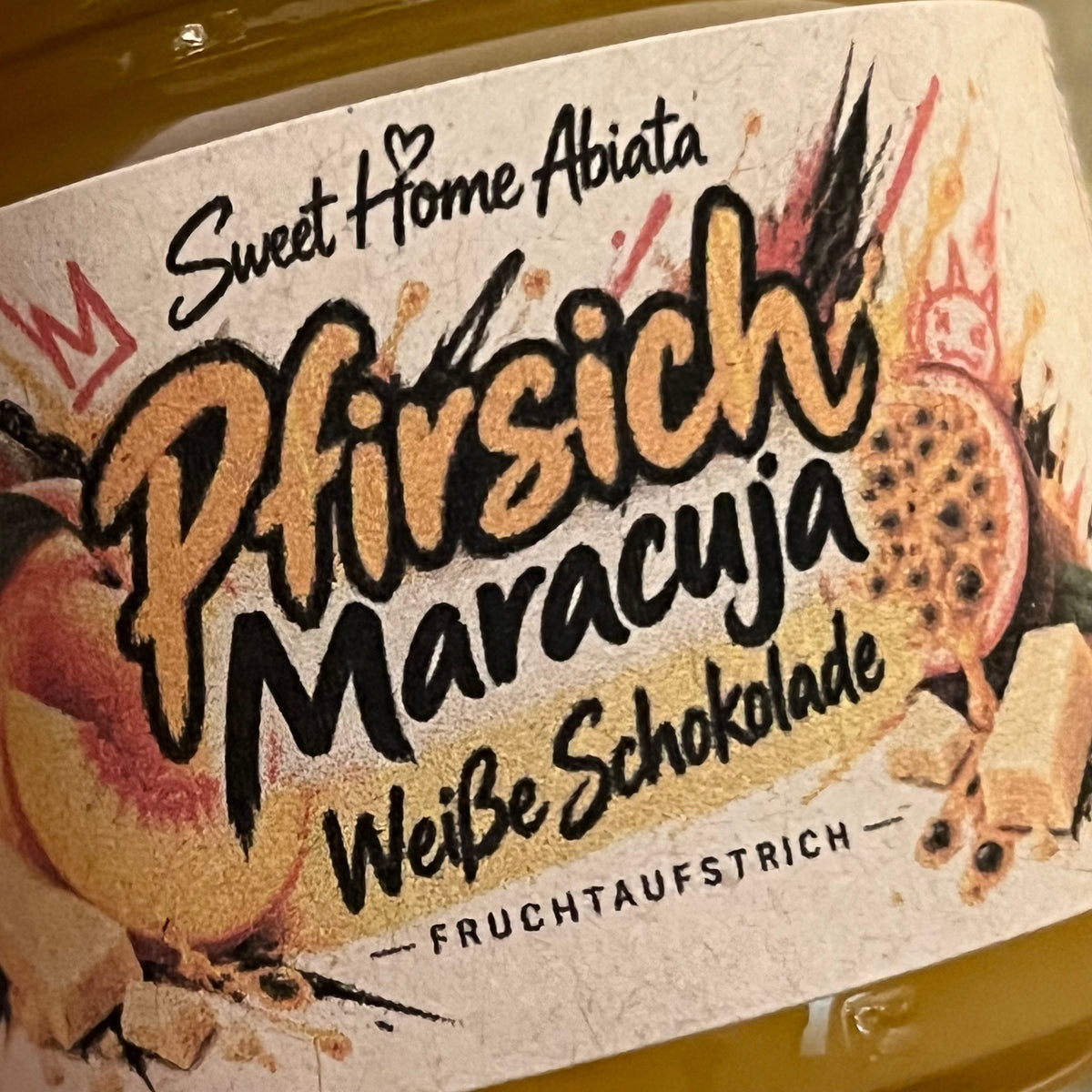 Pfirsich · Maracuja · Weiße Schokolade - Fruchtaufstrich 100 Gramm