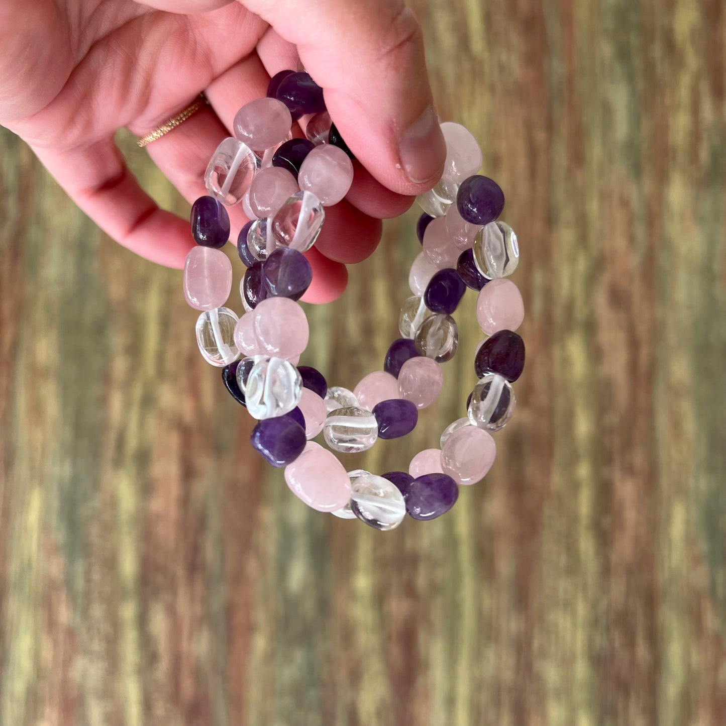 Amethyst, Bergkristall & Rosenquarz – Nugget Armband 10–12 mm, ca. 18 cm