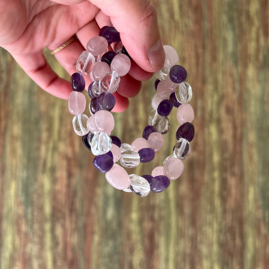 Amethyst, Bergkristall & Rosenquarz – Nugget Armband 10–12 mm, ca. 18 cm