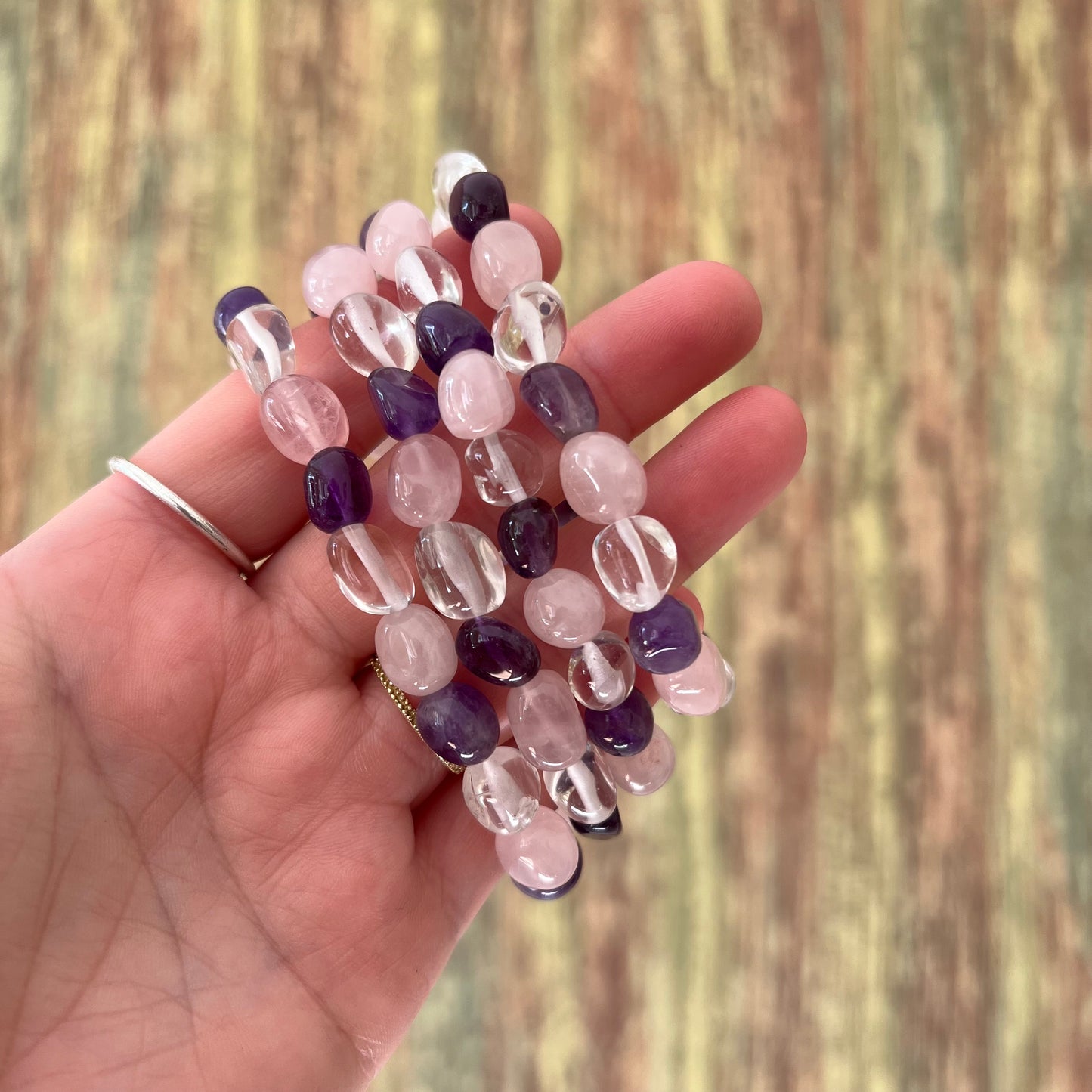 Amethyst, Bergkristall & Rosenquarz – Nugget Armband 10–12 mm, ca. 18 cm