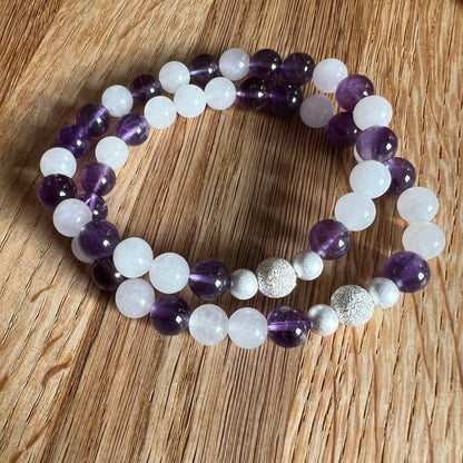 Mondstein & Amethyst mit diamantierter Silberperle - Armband