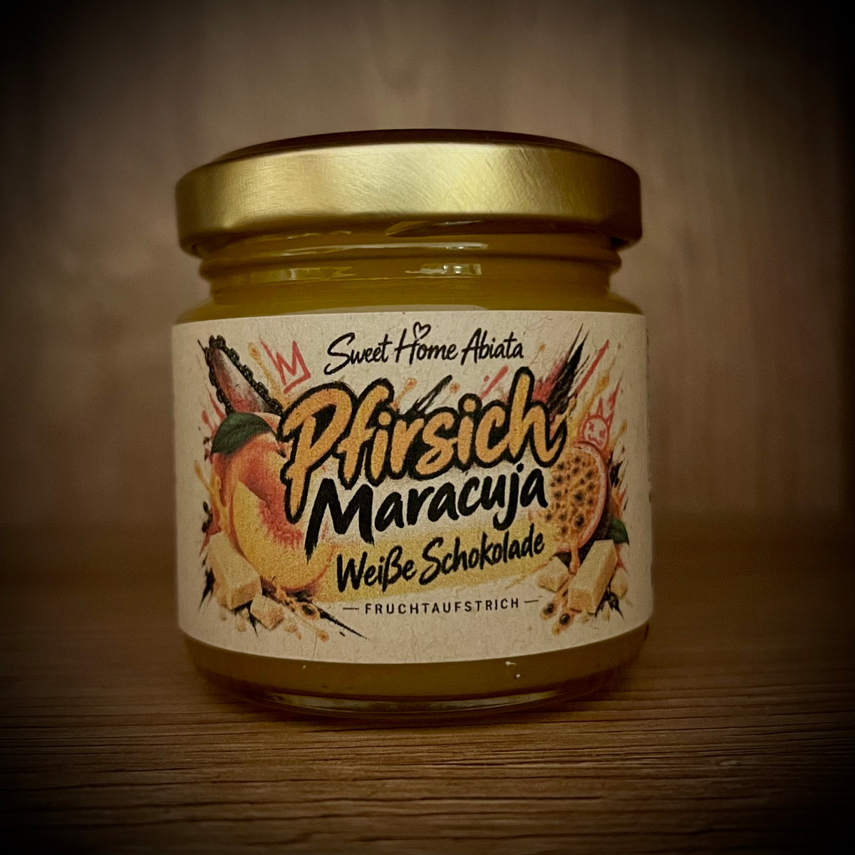 Pfirsich · Maracuja · Weiße Schokolade - Fruchtaufstrich 100 Gramm