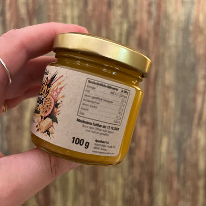 Pfirsich · Maracuja · Weiße Schokolade - Fruchtaufstrich 100 Gramm