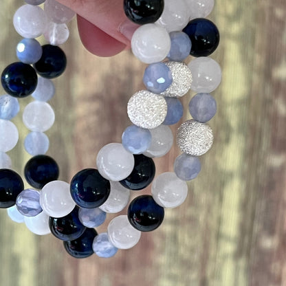 Mondstein, blauem Tigerauge und facettiertem Achat - Armband