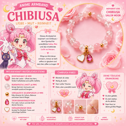 Inspiriert von Sailor Moon - "Chibiusa" - Rosenquarz & Bergkristall-Armband mit 1 Herz-und 1 Tropfenanhänger