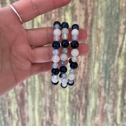 Mondstein, blauem Tigerauge und facettiertem Achat - Armband