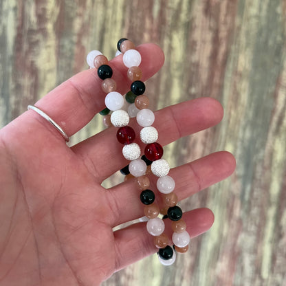 Mondstein, Sonnenstein, Moosachat und Granat und Silberperle - Armband