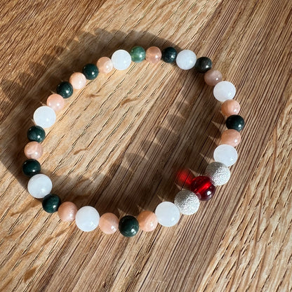 Mondstein, Sonnenstein, Moosachat und Granat und Silberperle - Armband