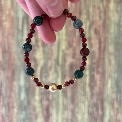 Moosachat, Granat, Jaspis und vergoldeten Silberperlen - Armband