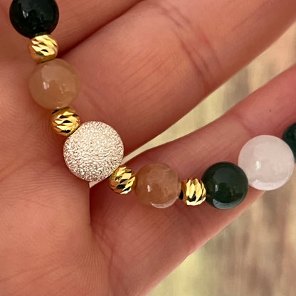 Mondstein, Sonnenstein, Moosachat und Silberakzenten - Armband