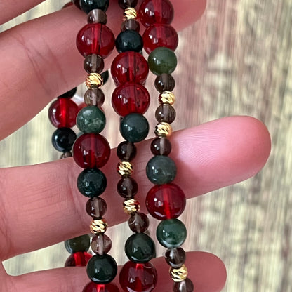 Moosachat, Rauchquarz und vergoldeter Silberperle - Armband