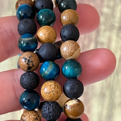 Hellblaues Tigerauge, Lavastein und Bilderjaspis - Armband