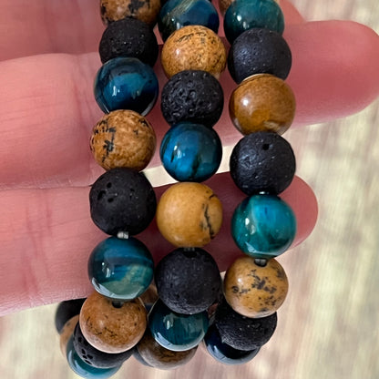 Hellblaues Tigerauge, Lavastein und Bilderjaspis - Armband
