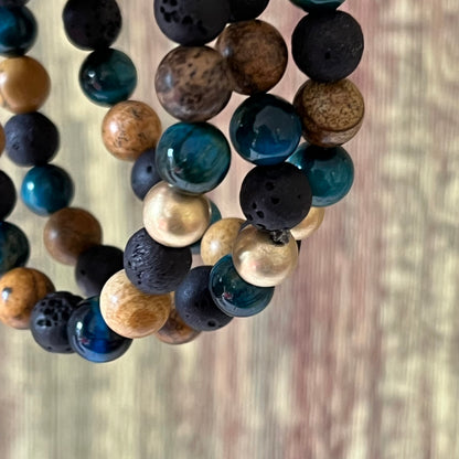 Hellblaues Tigerauge, Lavastein und Bilderjaspis - Armband