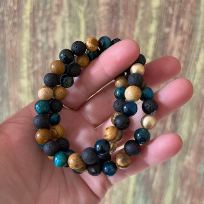 Hellblaues Tigerauge, Lavastein und Bilderjaspis - Armband