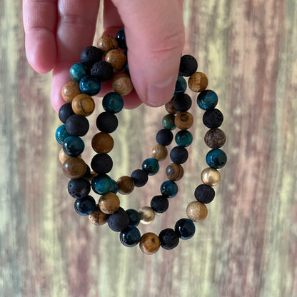 Hellblaues Tigerauge, Lavastein und Bilderjaspis - Armband