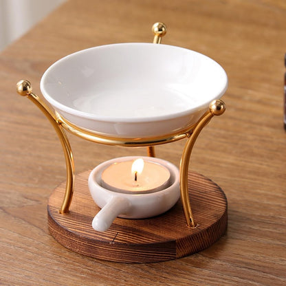Duftlampe / Wachsschmelzer mit Holzboden, Goldhalterung, Keramikschale sowie Teelichtlöffelchen