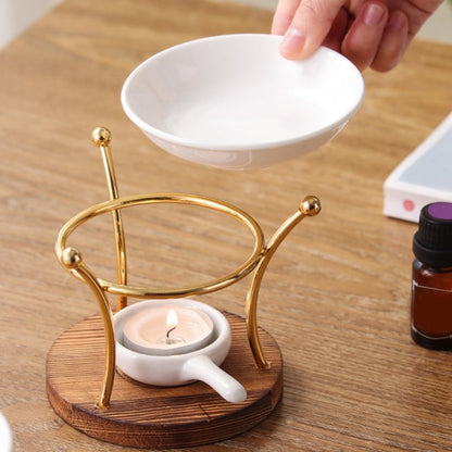 Duftlampe / Wachsschmelzer mit Holzboden, Goldhalterung, Keramikschale sowie Teelichtlöffelchen