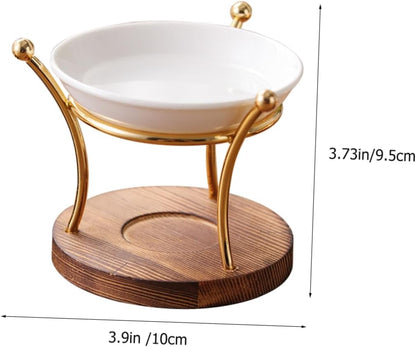 Duftlampe / Wachsschmelzer mit Holzboden, Goldhalterung, Keramikschale sowie Teelichtlöffelchen