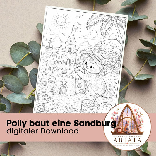Polly baut eine Sandburg - Ausmalbild (A4) - digitaler Download als PDF und PNG