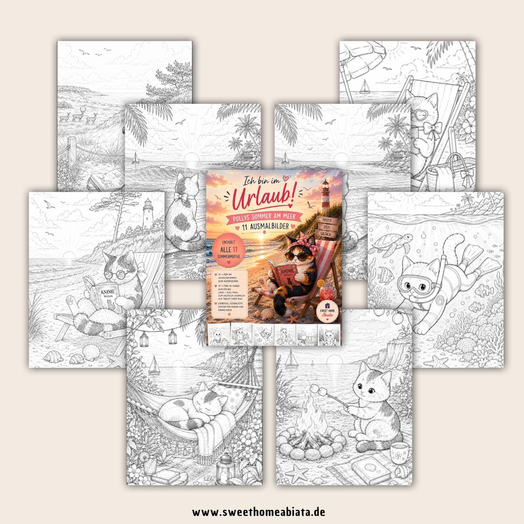 Pollys Sommer am Meer – Komplettset (11 Ausmalbilder) - Ausmalbild (A4) - digitaler Download als PDF und PNG