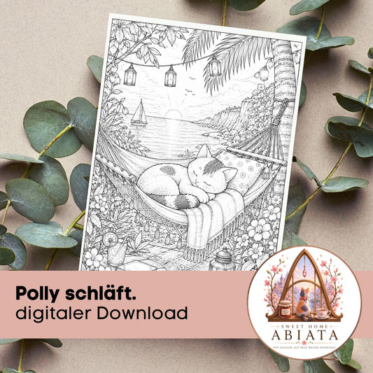 Polly schläft in der Hängematte - Ausmalbild (A4) - digitaler Download als PDF und PNG