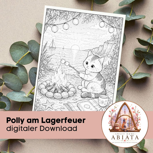 Polly am Lagerfeuer - Ausmalbild (A4) - digitaler Download als PDF und PNG