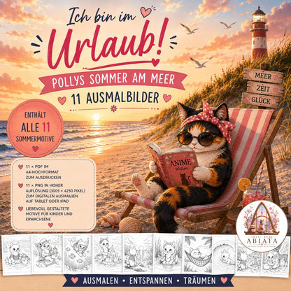 Pollys Sommer am Meer – Komplettset (11 Ausmalbilder) - Ausmalbild (A4) - digitaler Download als PDF und PNG